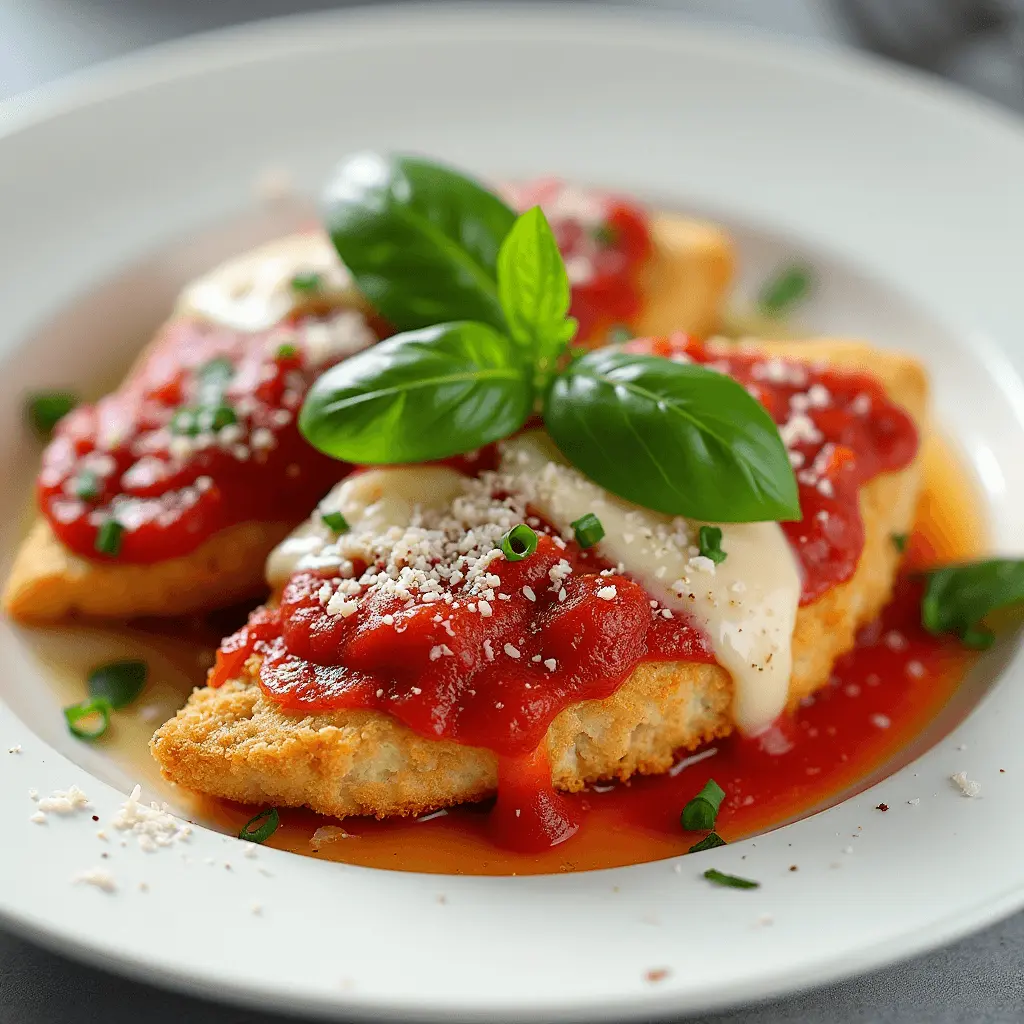 Plated chicken parmesan served with fresh basil and spaghetti on the side.