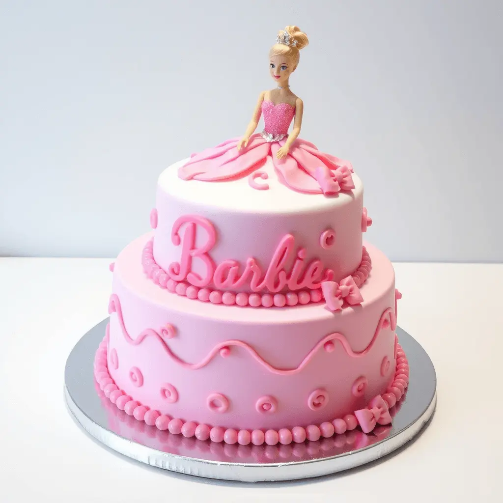 Barbie doll wrapped in plastic being carefully inserted into the cake