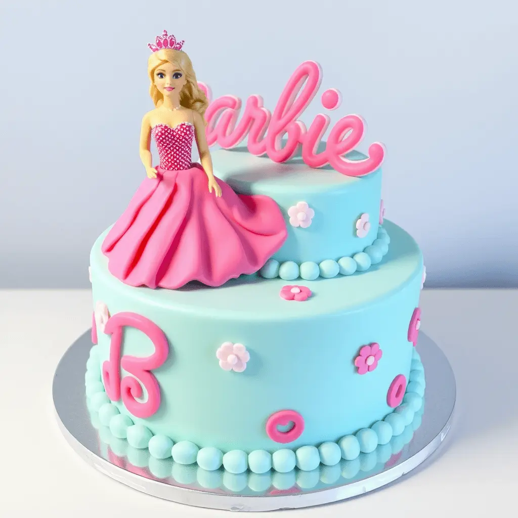 Fondant being draped over the Barbie cake.