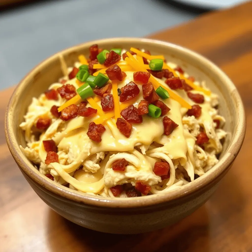 Shredded Crack Chicken in a bowl, topped with crispy bacon bits and melted cheese.