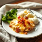 Plated Crack Chicken served with mashed potatoes and steamed broccoli on the side.