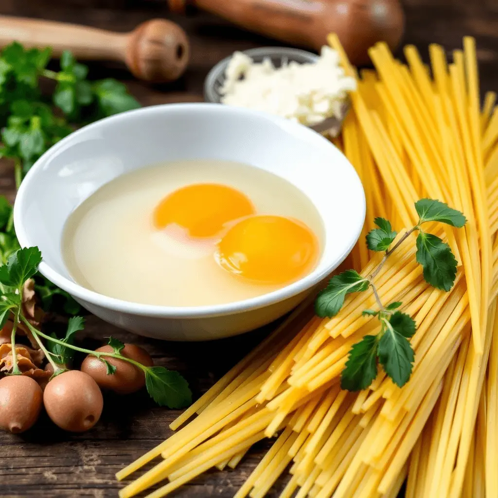 Ingredients for pasta carbonara: eggs, pancetta, pecorino romano cheese, and pasta