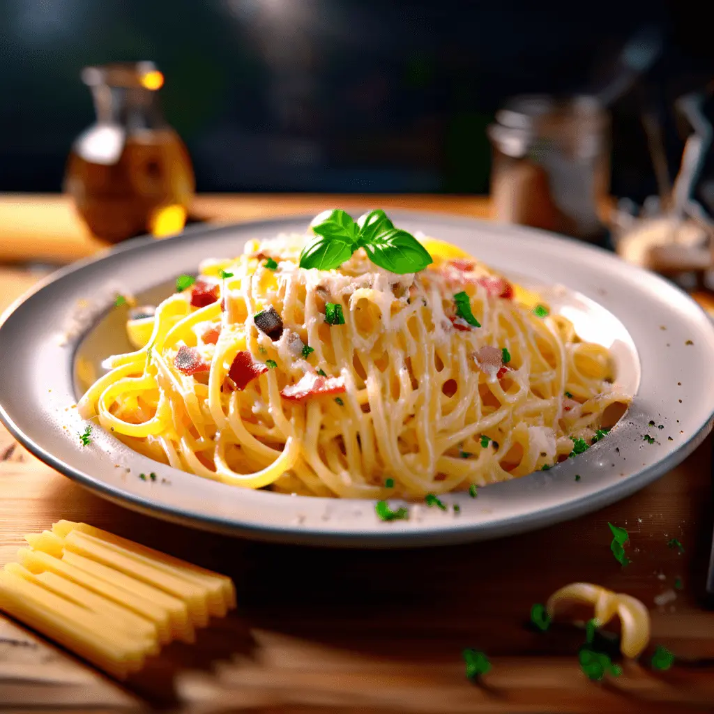 Finished plate of creamy pasta carbonara with pecorino and black pepper