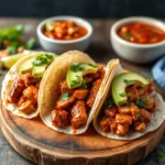 Chipotle chicken tacos topped with avocado, cilantro, and lime on a wooden board