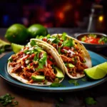 Chicken Tinga tacos topped with avocado, cilantro, and lime slices.