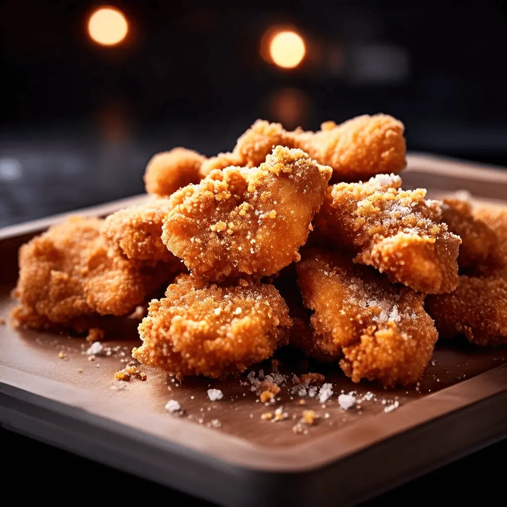 Raw chicken nuggets coated with breadcrumbs before frying