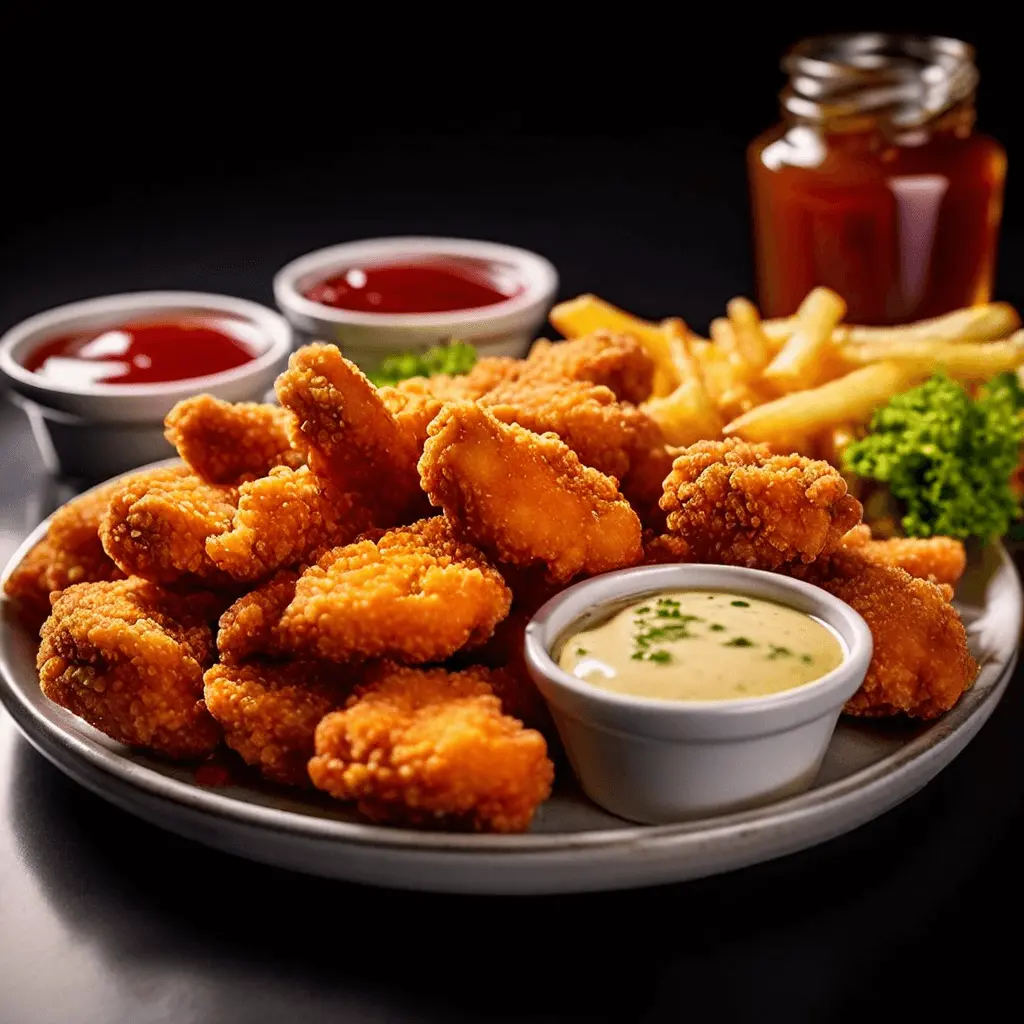 Chicken nuggets served with dipping sauce on the side