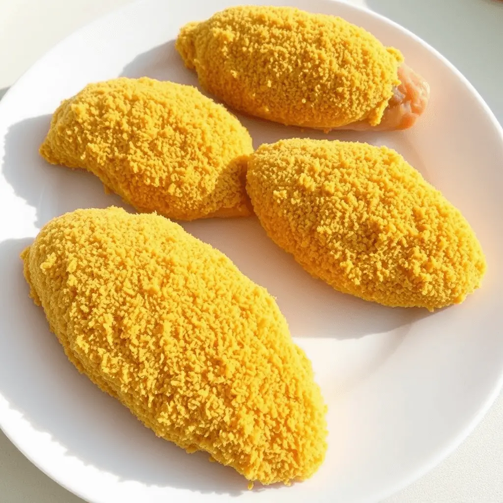 chicken breasts ready for frying, coated in breadcrumbs and seasoning.