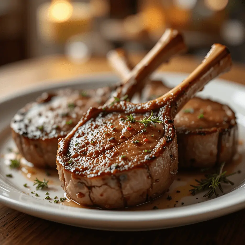 Close-up of two perfectly pan-seared lamb chops with a golden-brown crust.