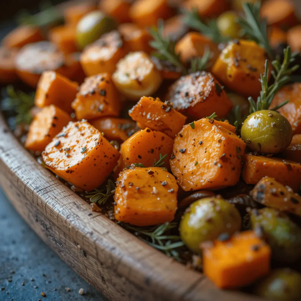 A rustic tray of golden roasted vegetables, including sweet potatoes, carrots, and Brussels sprouts, garnished with fresh rosemary.