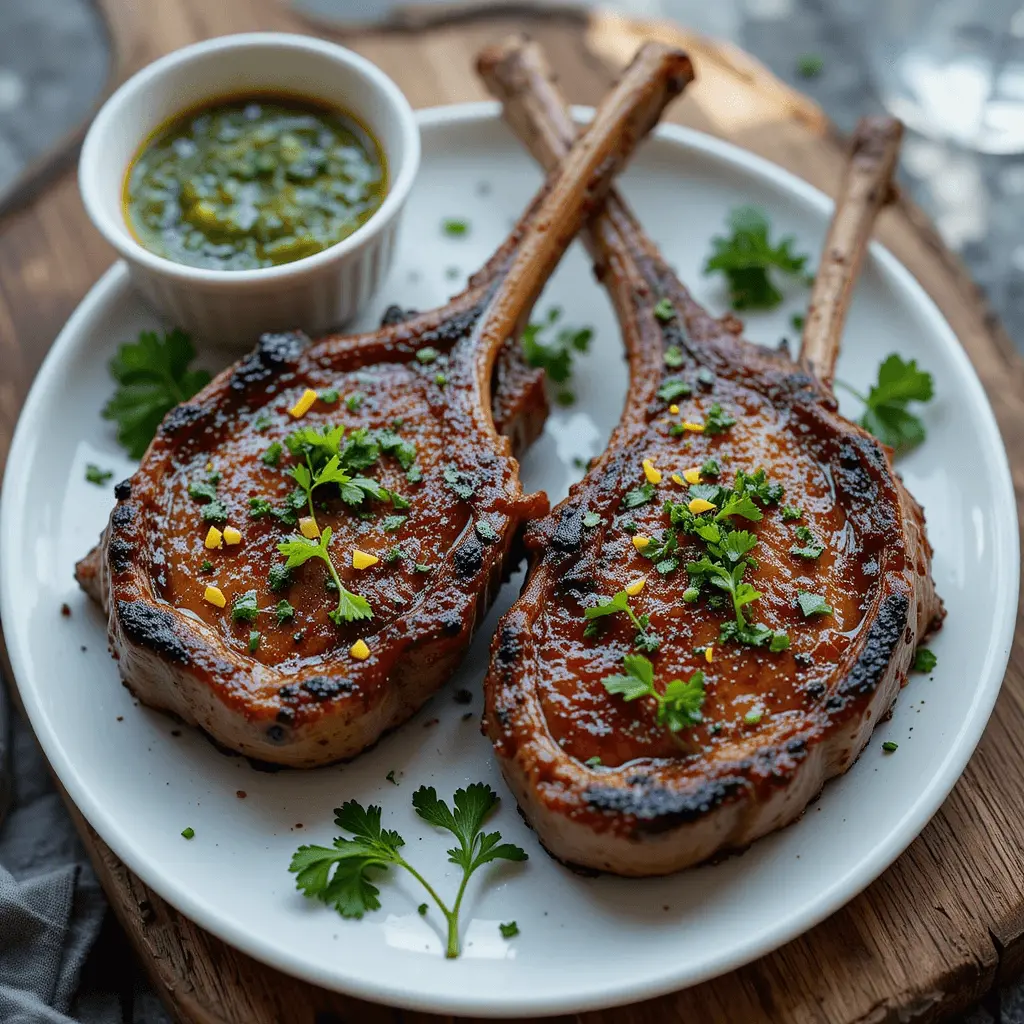 Lamb chops being basted with garlic butter in a cast iron skillet.