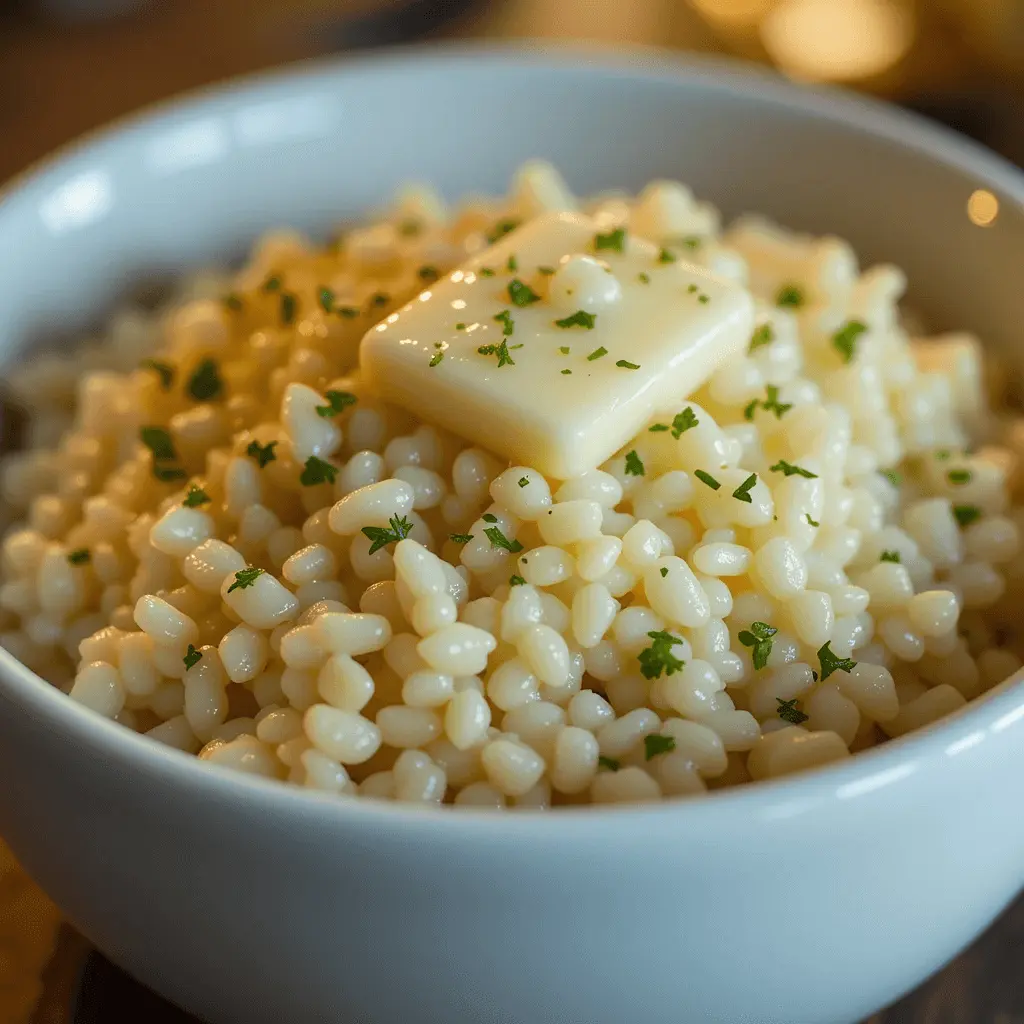 A serving of creamy garlic butter rice sprinkled with chopped parsley, served in a small white bowl.