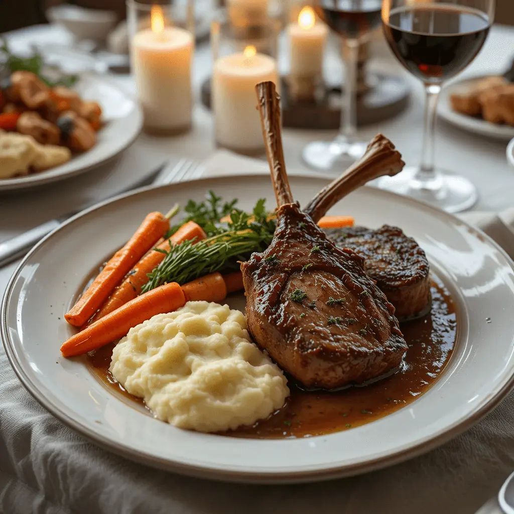 Pan-seared lamb chops served alongside roasted vegetables and mashed potatoes.