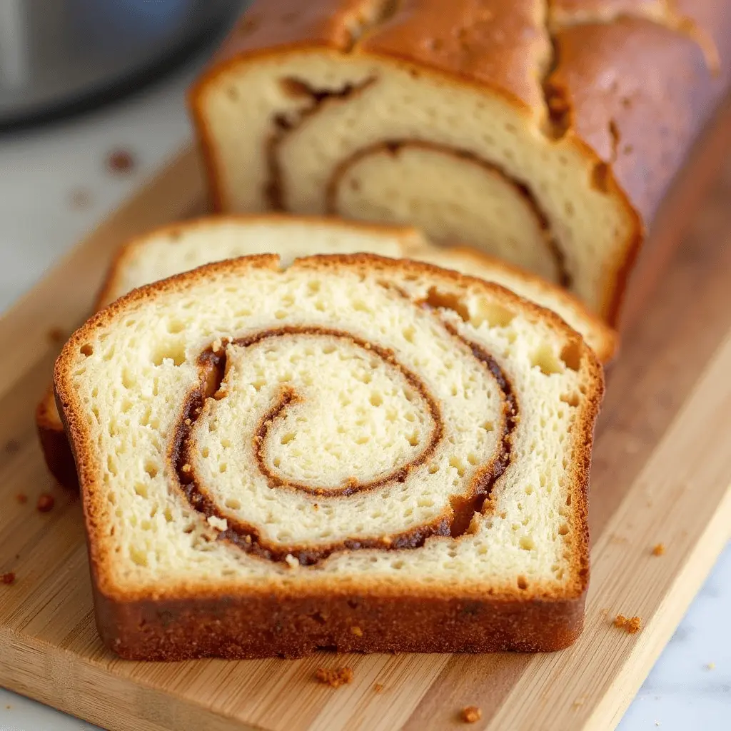 A slice of homemade cinnamon bread with visible cinnamon swirl.