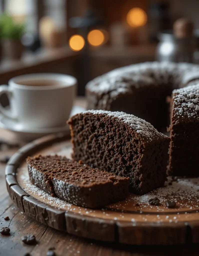 A slice of Chocolate Depression Cake on a plate, dusted with powdered sugar, next to a cup of coffee.