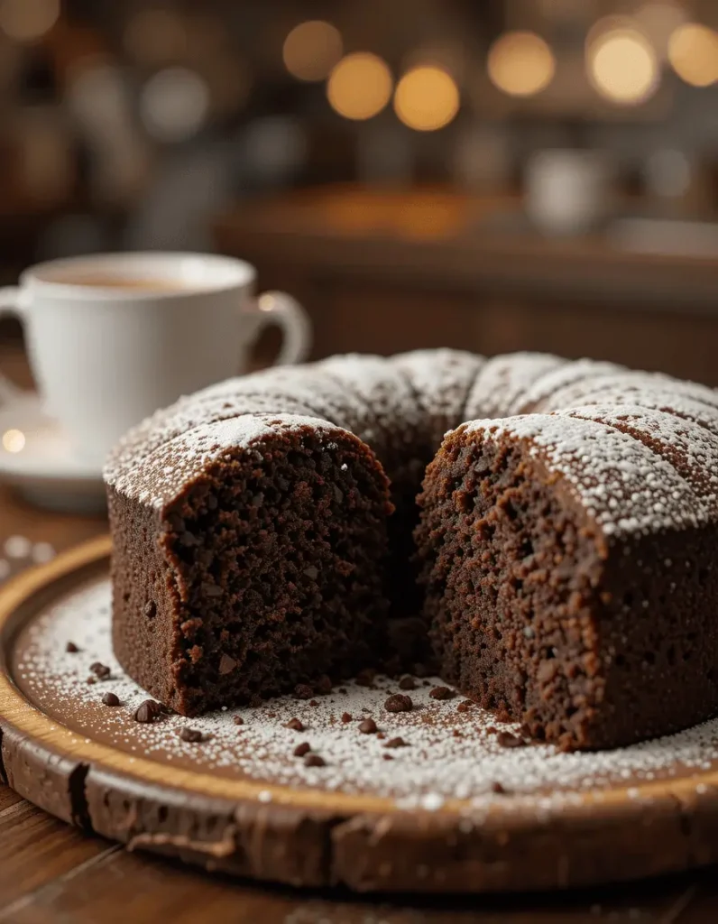 A slice of Chocolate Depression Cake on a plate, dusted with powdered sugar,