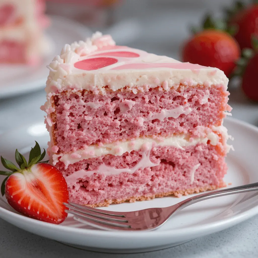 A slice of Strawberry Earthquake Cake on a white plate, with a fork and fresh strawberries on the side.