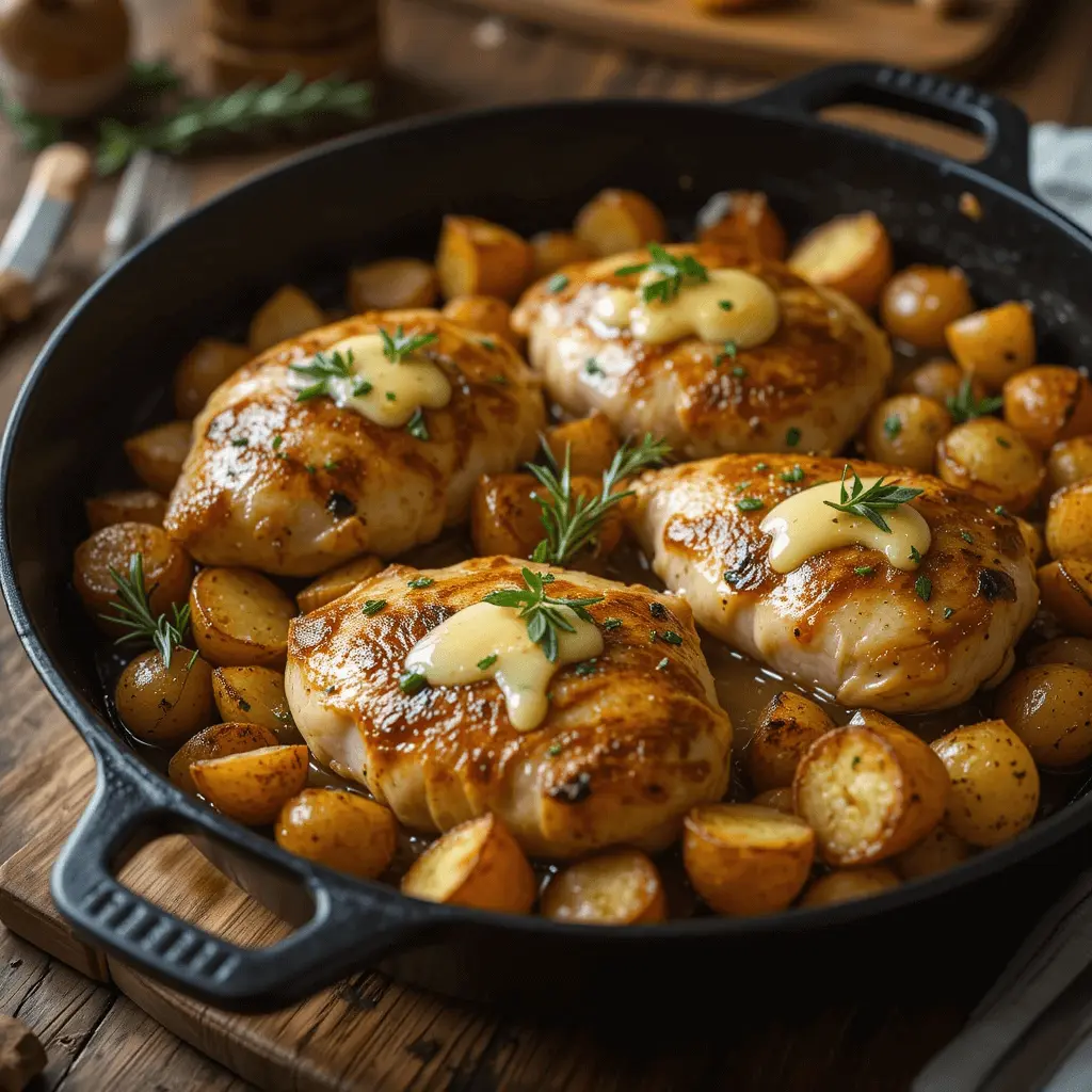 Skillet garlic butter chicken with golden-brown potatoes and fresh herbs.