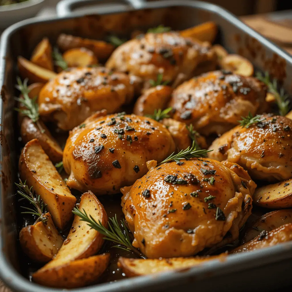 Oven-baked chicken and potatoes with fresh rosemary and thyme.