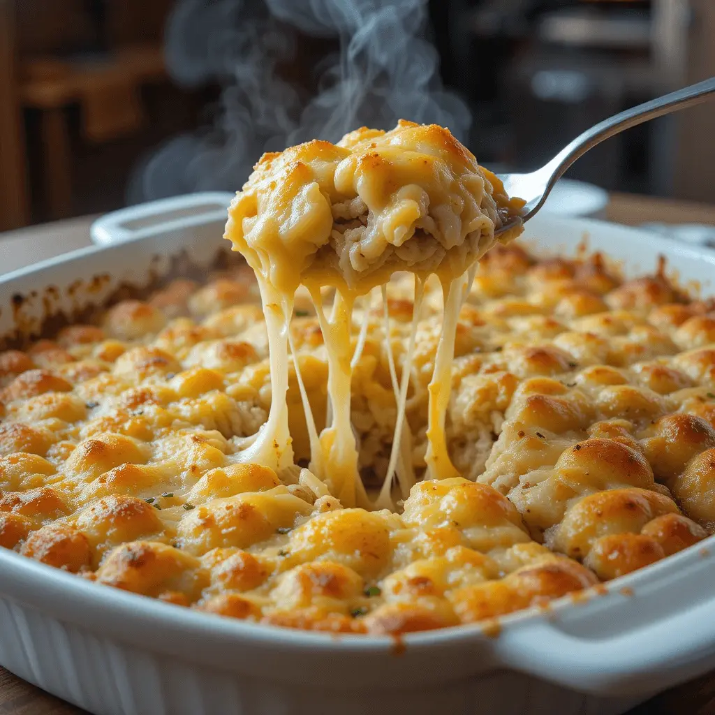 Cheesy chicken and potato casserole in a baking dish.