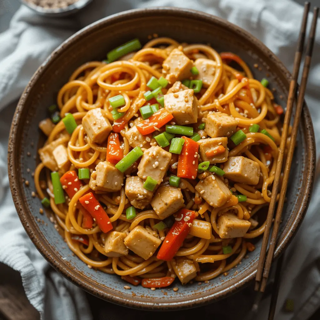 A bowl of homemade chicken lo mein garnished with sesame seeds and green onions.