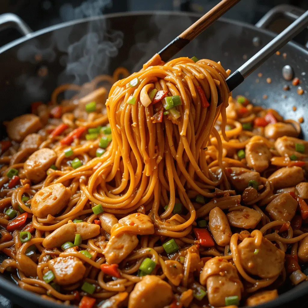 Stir-fried chicken and vegetables in a wok to make homemade lo mein.