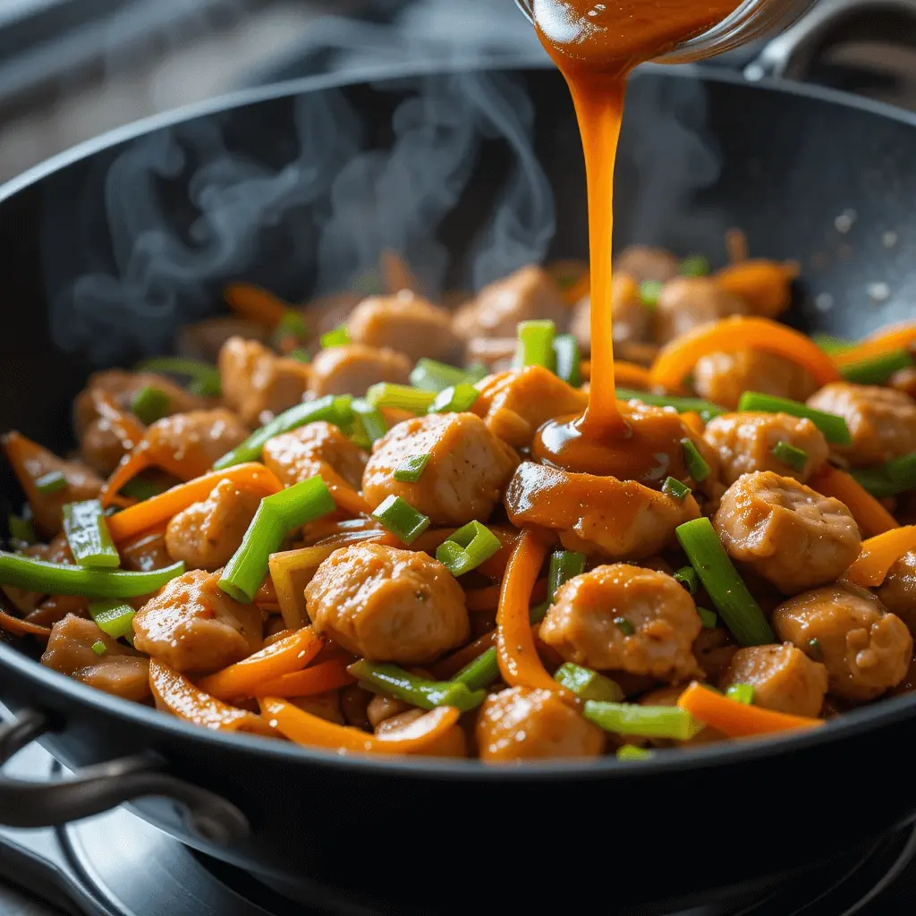 Lo mein noodles being tossed with chicken and sauce in a wok.