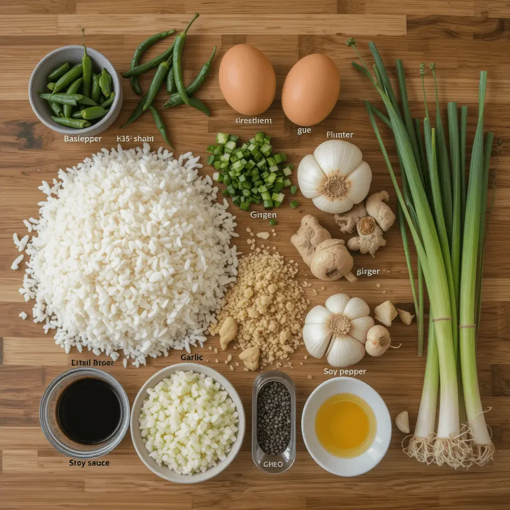 Ingredients for making authentic Anjappar-style egg fried rice, including eggs, basmati rice, and spices.