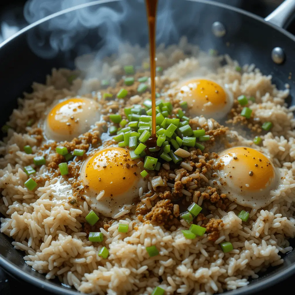 Eggs being stir-fried in a wok for Anjappar egg fried rice, with a rich golden-brown texture.