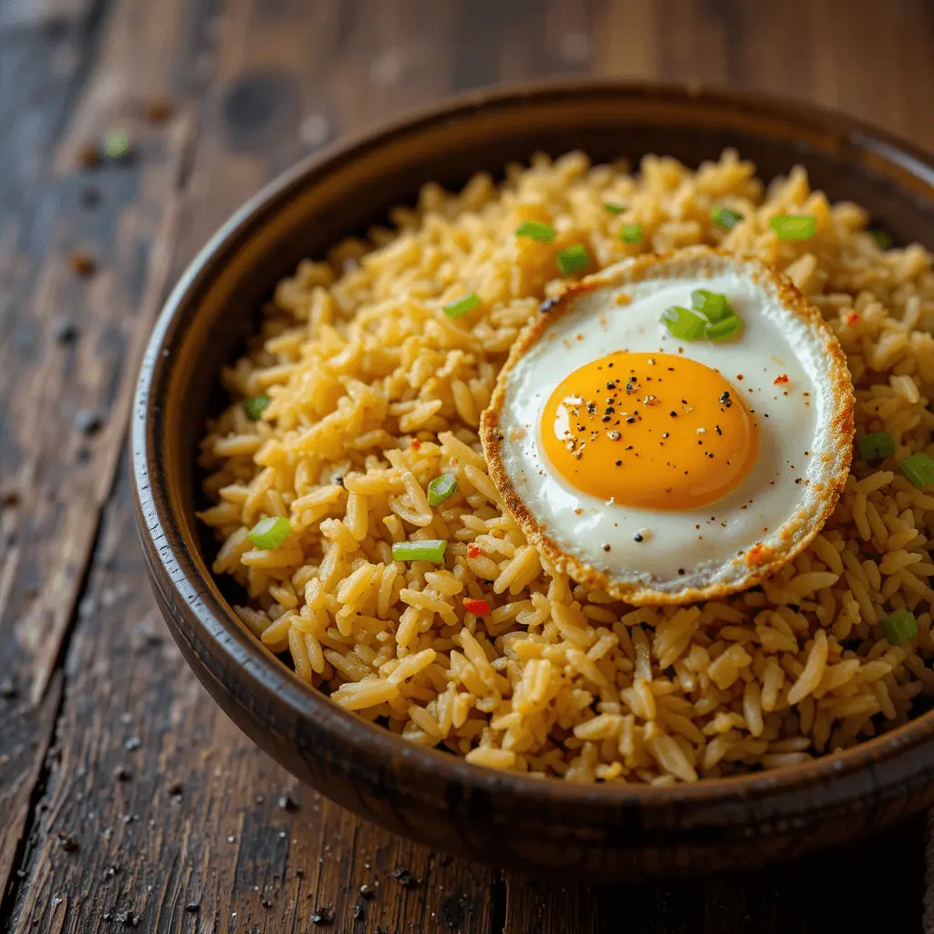 A plate of authentic Anjappar egg fried rice garnished with spring onions