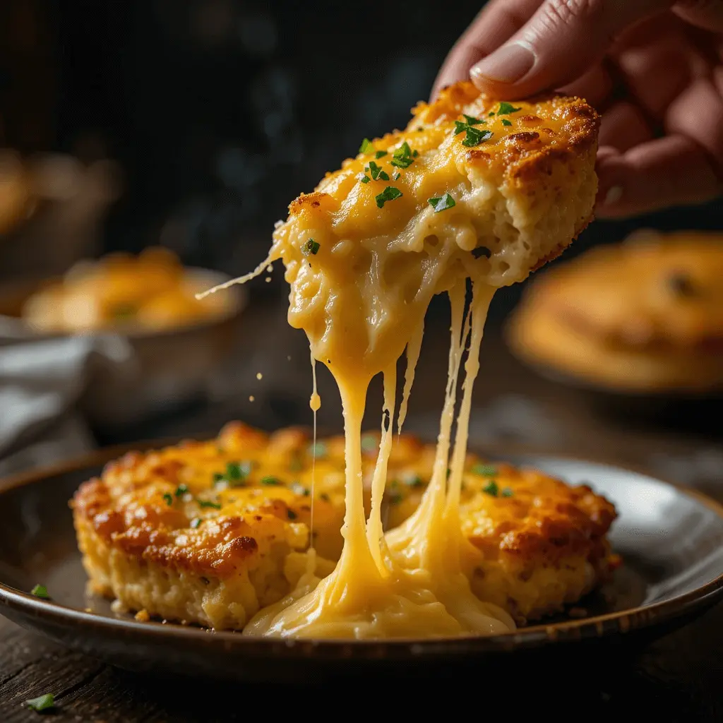 A hand holding a bite-sized piece of Potato Cheddar Chive Bake, ready to take a bite