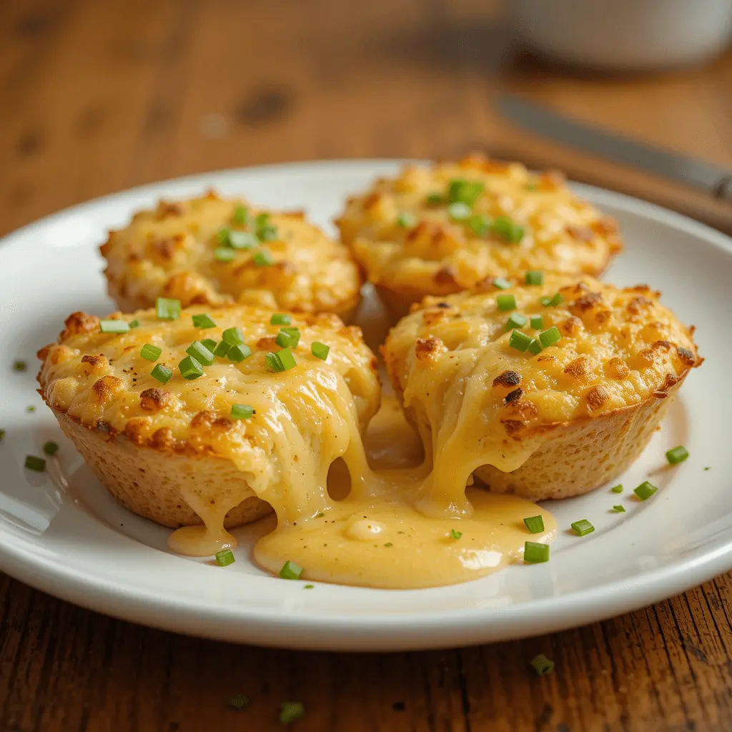 A side view of several stacked Potato Cheddar Chive Bakes arranged neatly in a serving dish.