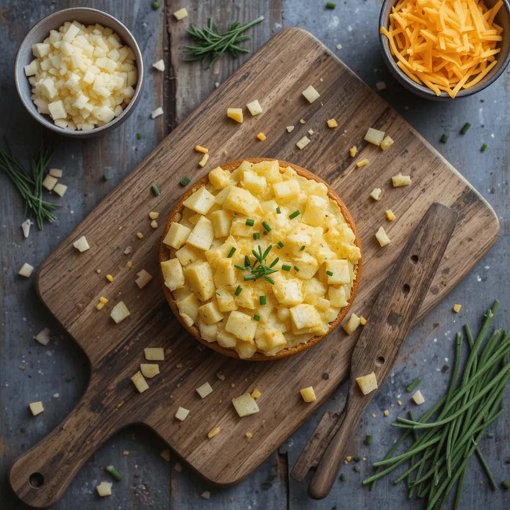 An overhead view of a single Potato Cheddar Chive Bake on a rustic wooden cutting board.