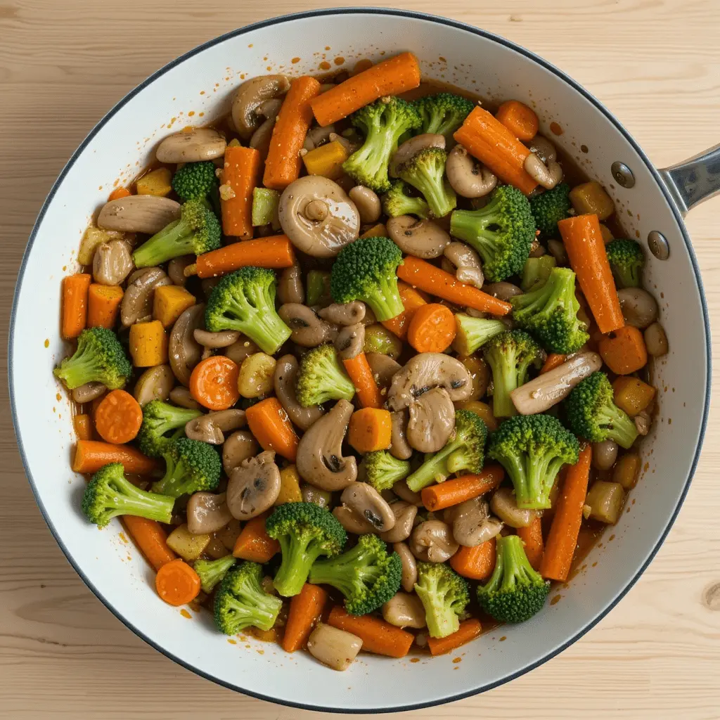 Vibrant stir-fry with broccoli, carrots, and mushrooms in a glossy sauce on a wooden surface.