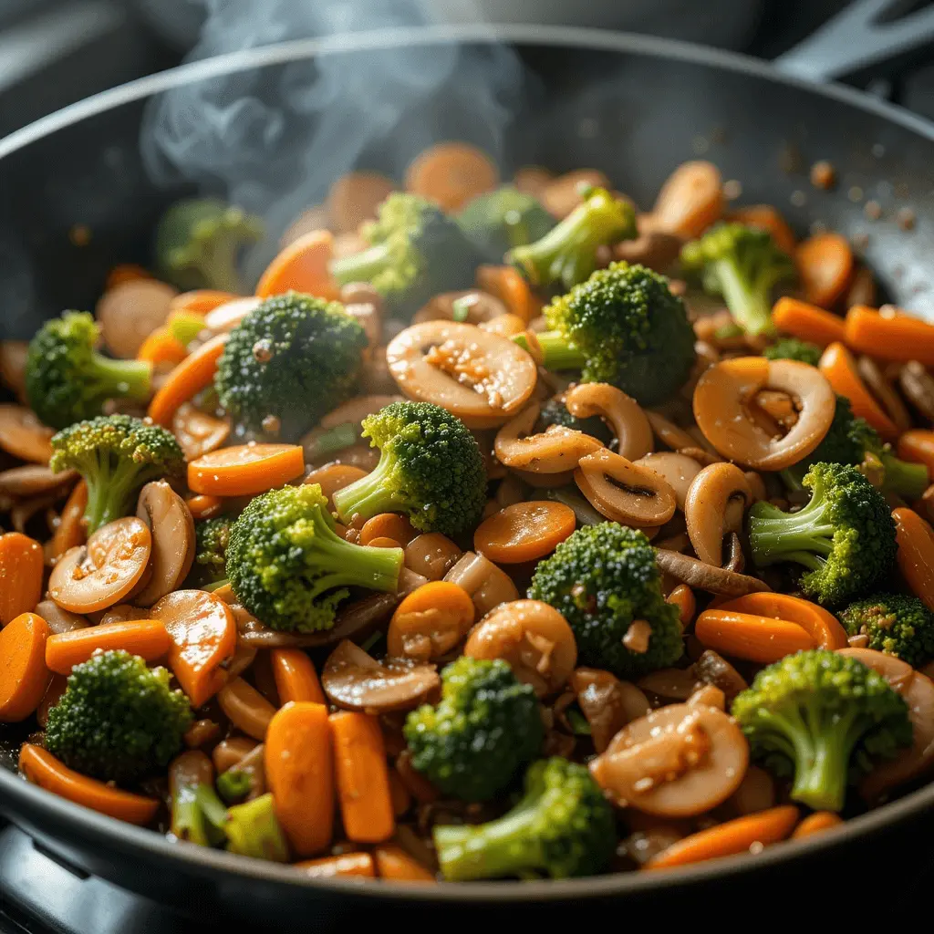 Close-up of a sizzling stir-fry with broccoli, carrots, and mushrooms in a wok.