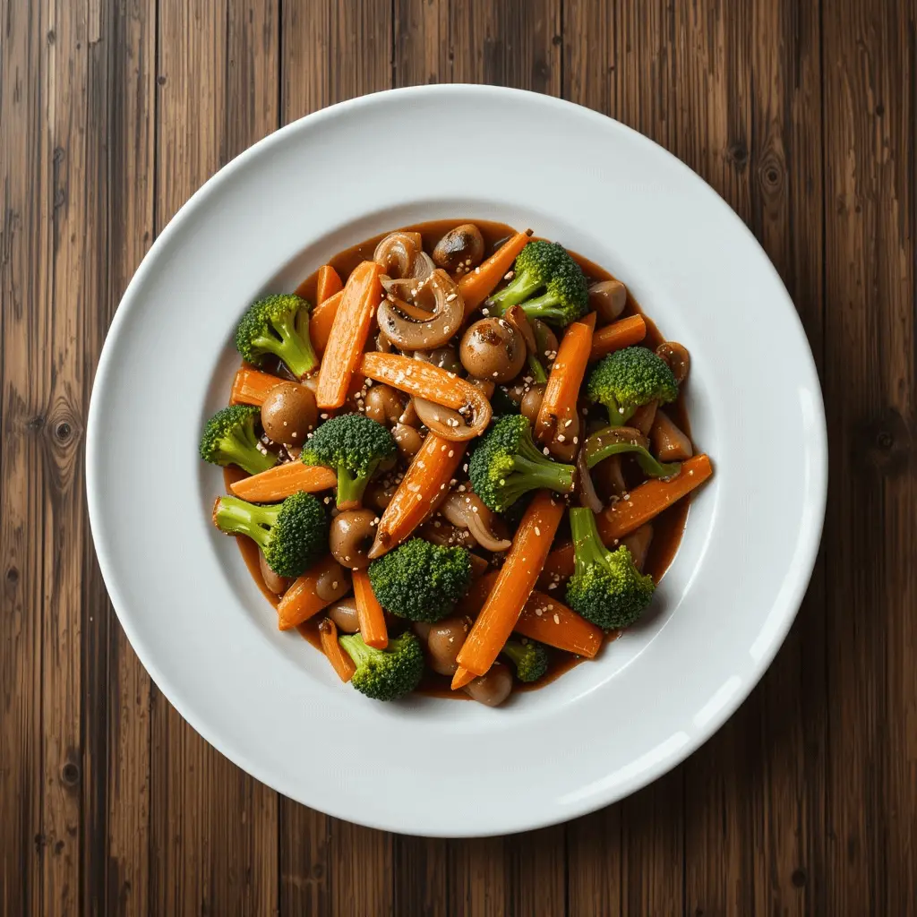 Beautifully plated broccoli, carrot, and mushroom stir-fry with sesame seeds and soy sauce.