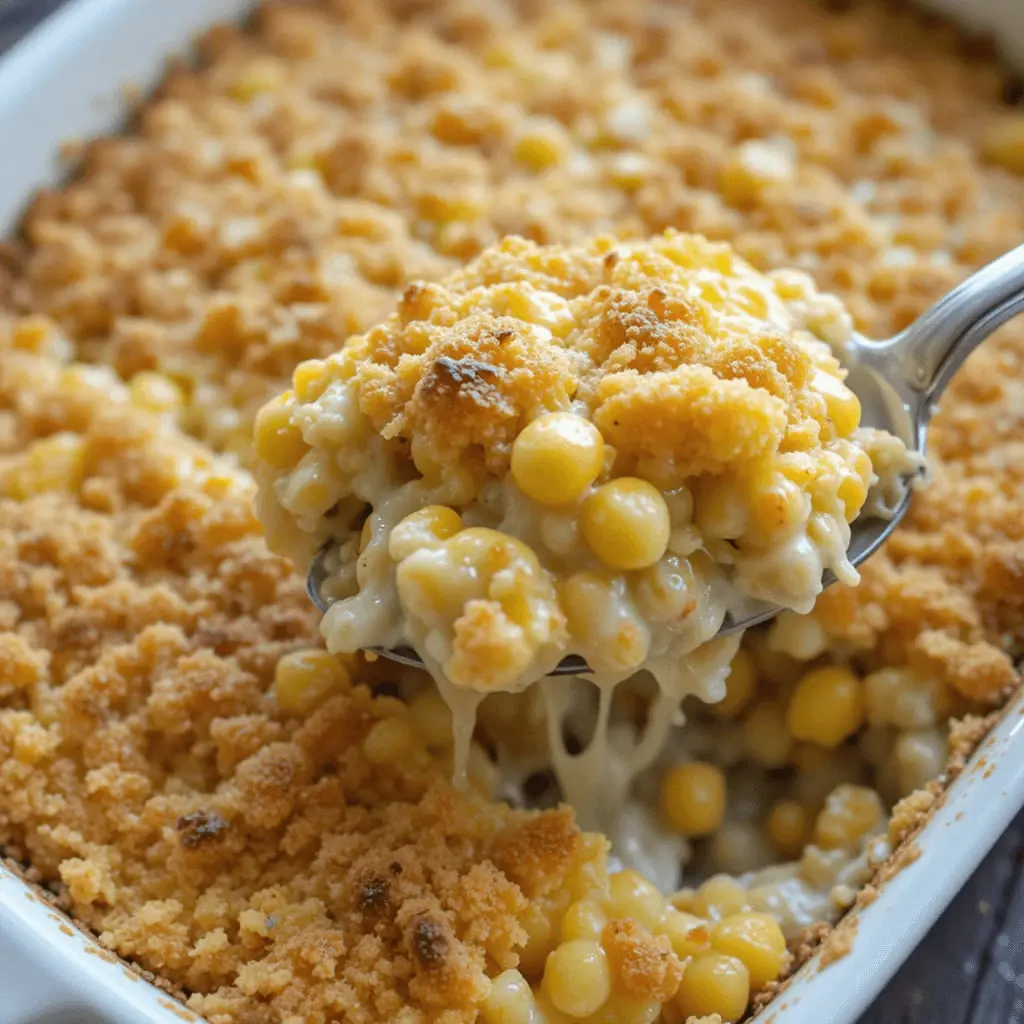 Creamy cheesy corn recipe simmering in a cast-iron skillet with melted cheddar and fresh herbs