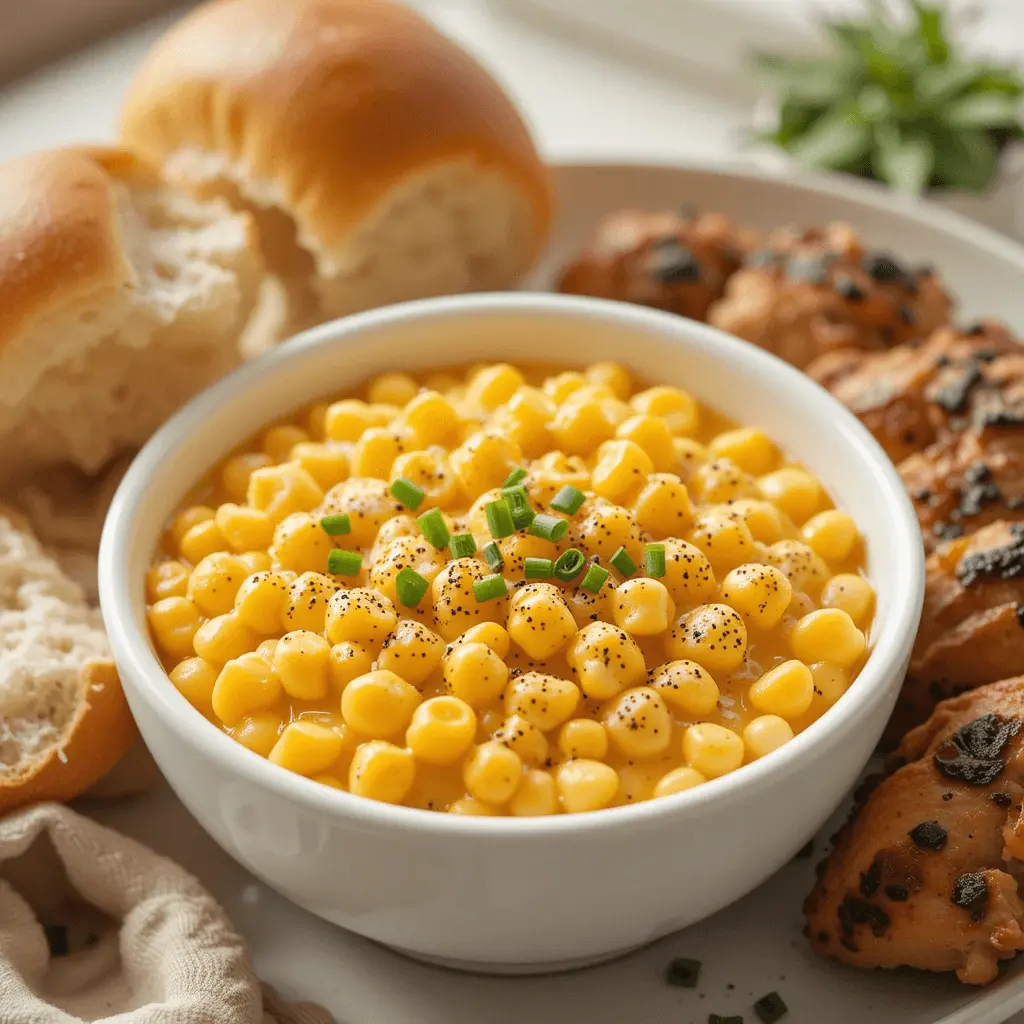 Creamy cheesy corn recipe served in a white bowl with fresh herbs and buttered dinner rolls"