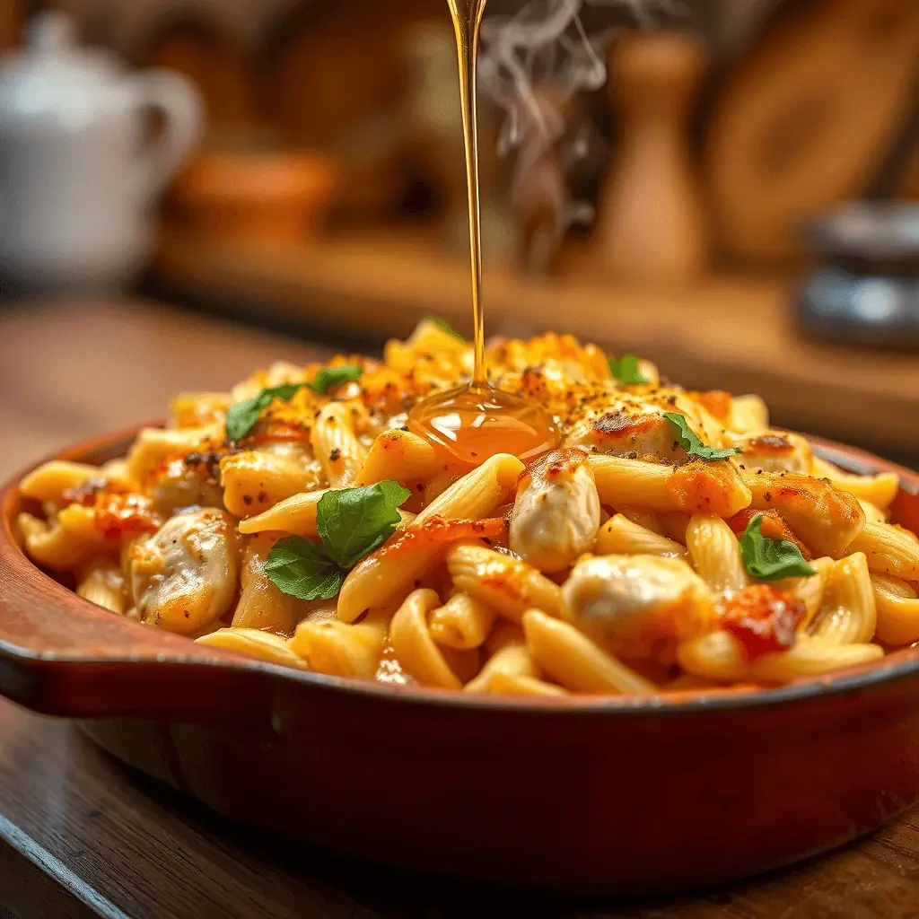 A close-up of a steaming hot pasta dish with creamy sauce, chicken pieces, and garnished with fresh herbs, drizzled with golden honey.