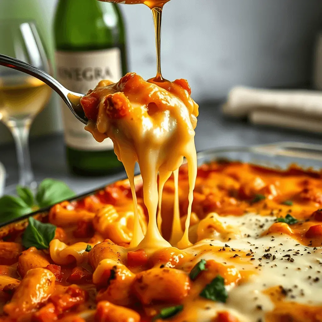 Close-up of a spoon lifting cheesy Honey Pepper Chicken Pasta Bake, revealing layered pasta, chicken, and creamy sauce. Honey drizzle and basil garnish, cinematic lighting