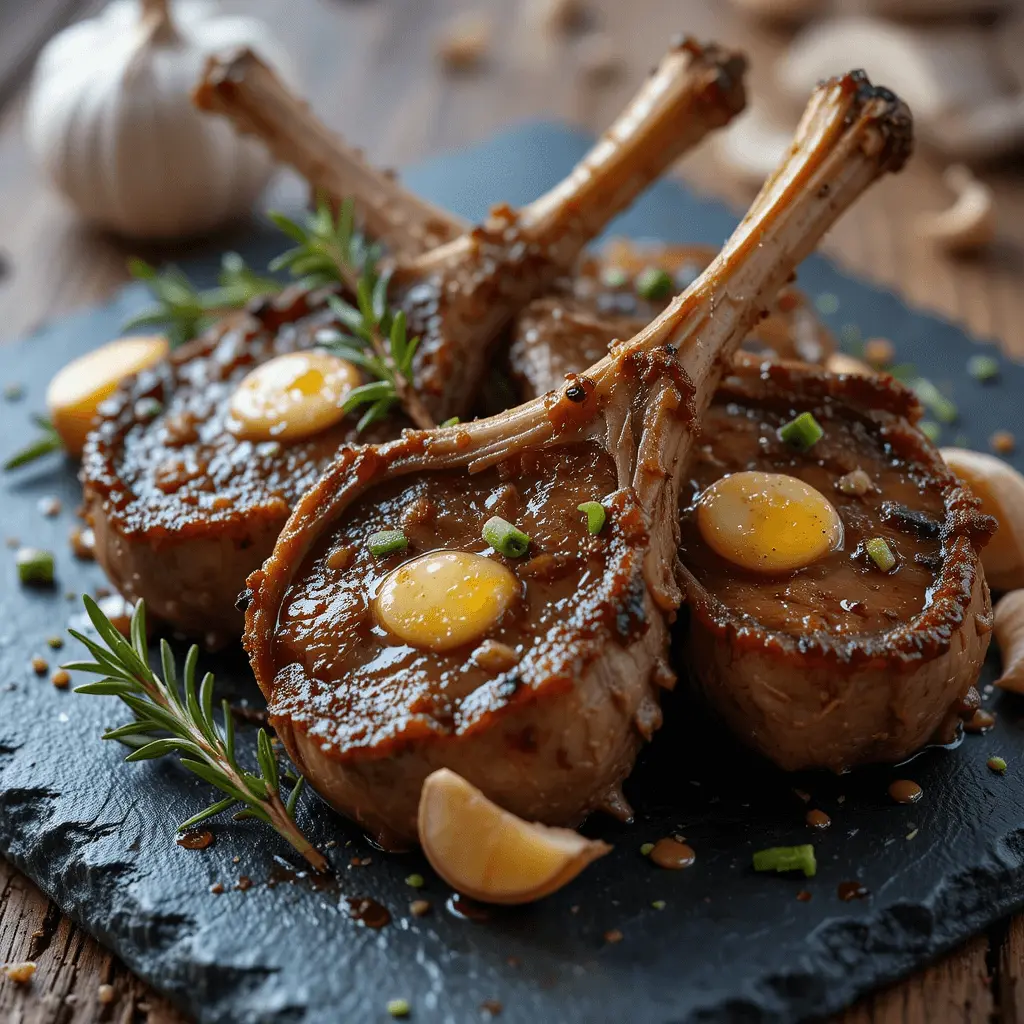 uicy pan-seared lamb chops with a golden crust, basted in garlic butter and garnished with fresh rosemary.