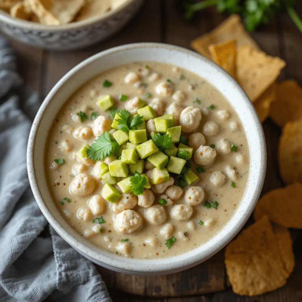 Creamy White Chicken Chili in a rustic bowl with avocado, cilantro, and tortilla chips