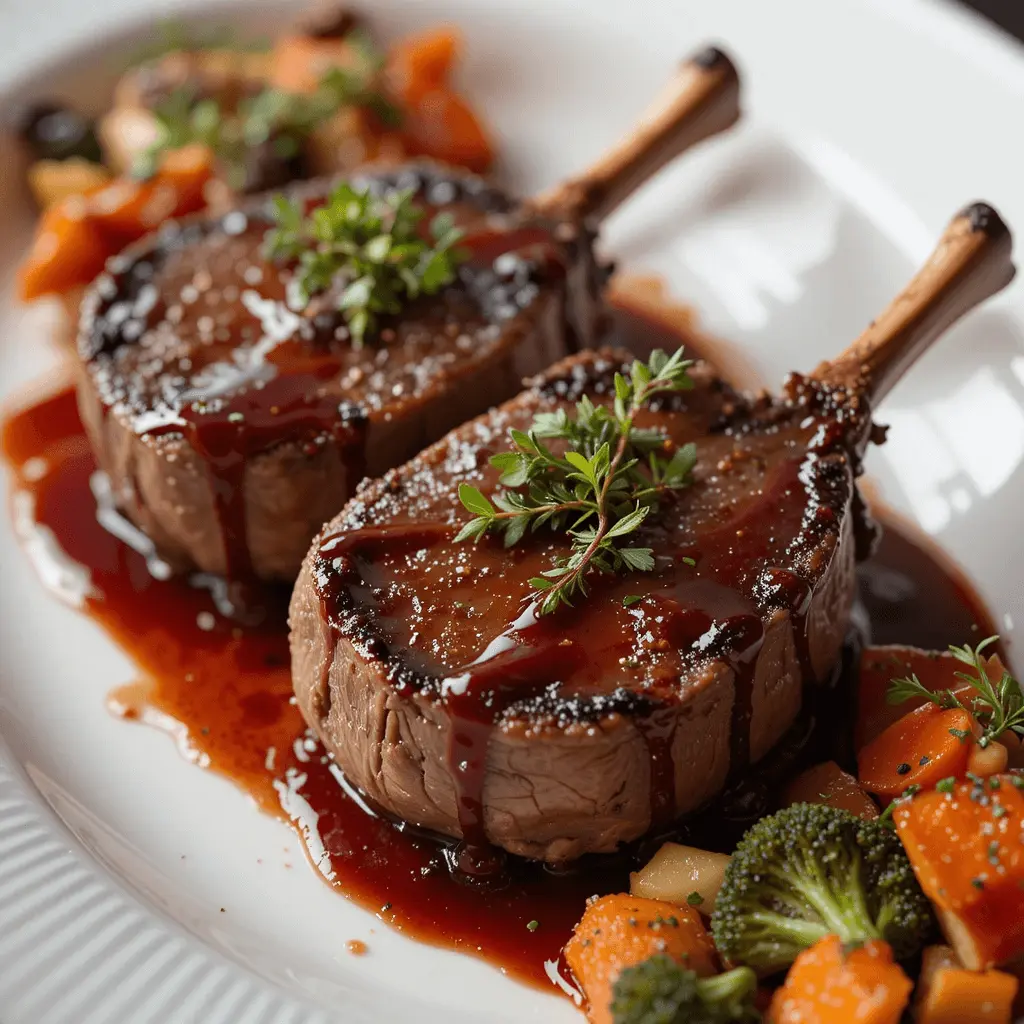 Tender lamb chops drizzled with a glossy red wine reduction sauce, served on a white ceramic plate