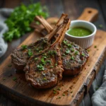 Herb-crusted lamb chops served with a vibrant green chimichurri sauce in a small ramekin