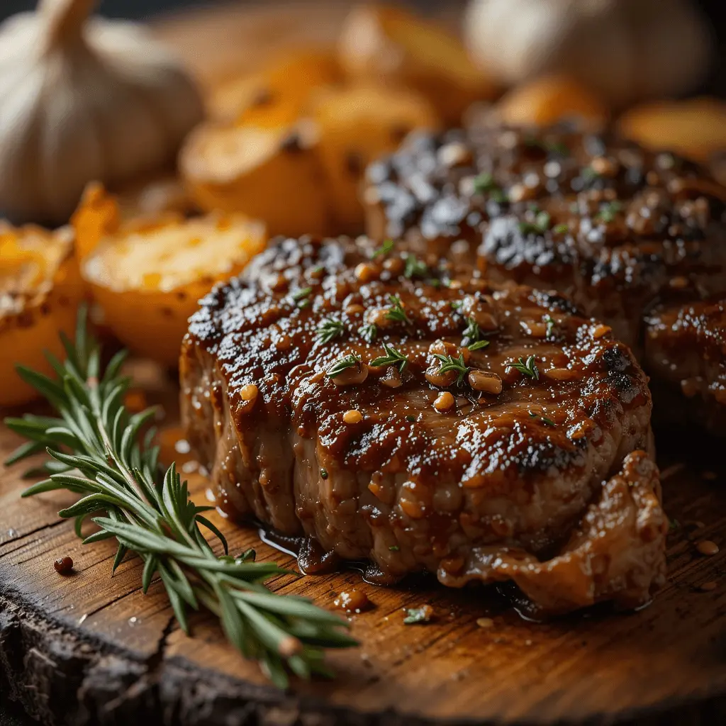 Golden-brown garlic steak bites with crispy roasted potatoes, rosemary, and garlic cloves on a rustic wooden board