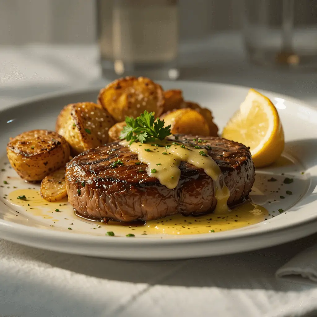 Steak bites and crispy potatoes on a white plate with lemon wedge, parsley, and garlic butter drizzle