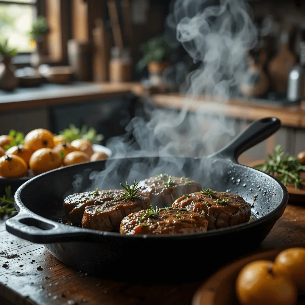 Steak bites sizzling in a cast-iron skillet with olive oil, garlic, and rosemary, surrounded by roasted potatoes