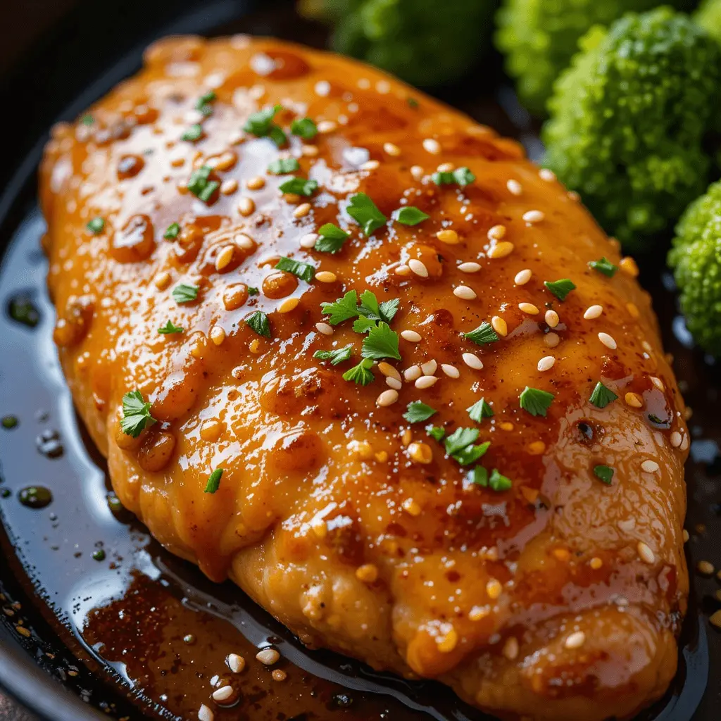 Juicy honey garlic chicken breast cooking in a skillet with caramelized sauce.