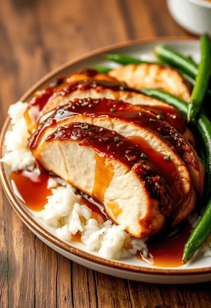 Sliced honey garlic chicken breast served over white rice with a side of green beans.