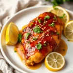 Honey garlic chicken breast on a white plate with lemon wedges and a drizzle of sauce.